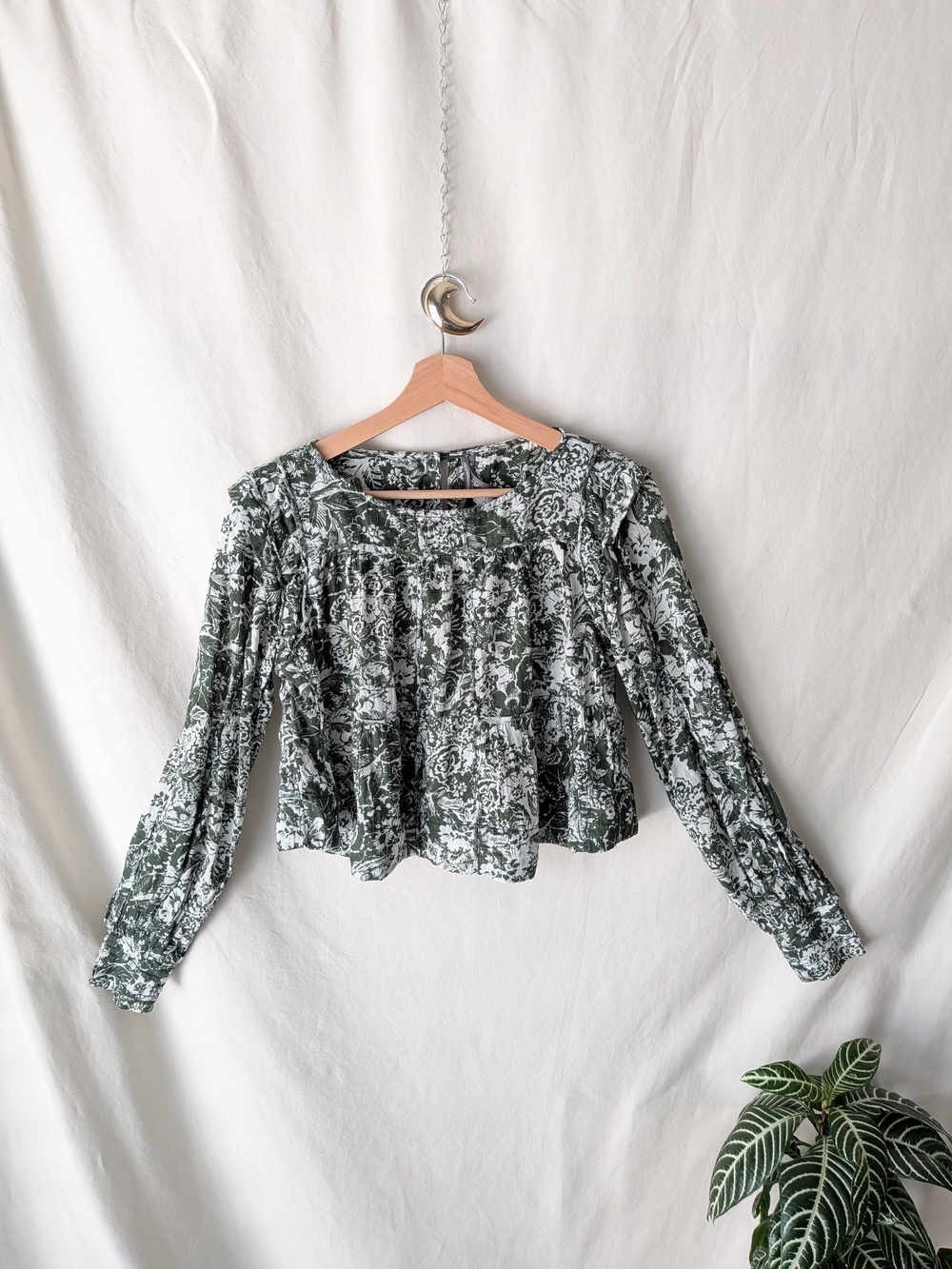 Anthropologie Olive Green Floral Smock Blouse